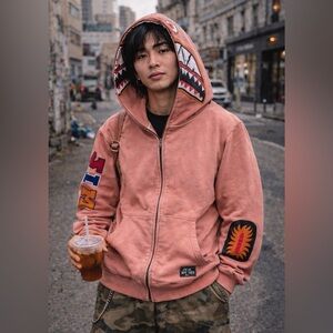 APE TEES BY JIM DESIGN Shark full zip hoodie salmon peach Size M